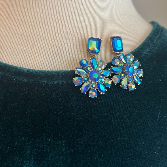 J.Crew Blue Dangle Statement Earrings Rhinestones Gold Tone Festive Holiday - Picture 2 of 8